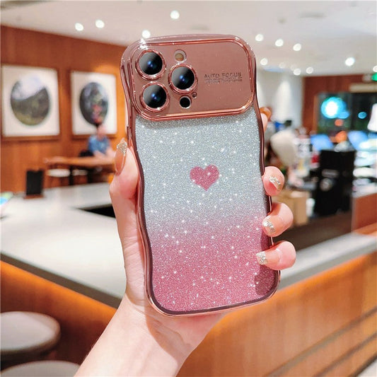 For iPhone 16 Pro Case Love Heart Gradient Glitter TPU Phone Cover Electroplating Curly Frame - Rose Pink