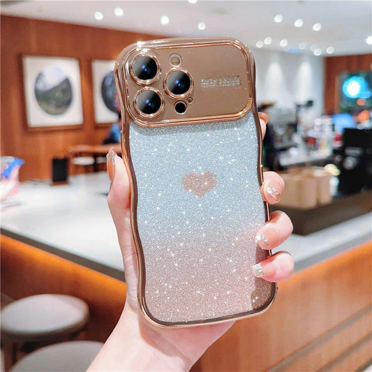 For iPhone 16 Pro Case Love Heart Gradient Glitter TPU Phone Cover Electroplating Curly Frame - Gold