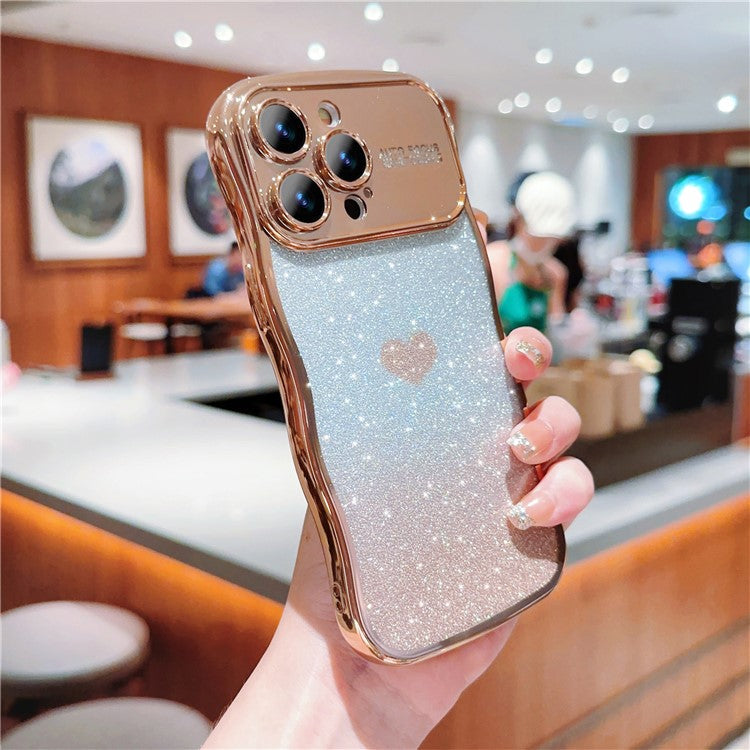 For iPhone 16 Pro Case Love Heart Gradient Glitter TPU Phone Cover Electroplating Curly Frame - Gold