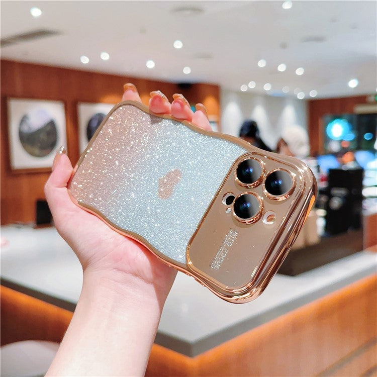 For iPhone 16 Pro Case Love Heart Gradient Glitter TPU Phone Cover Electroplating Curly Frame - Gold