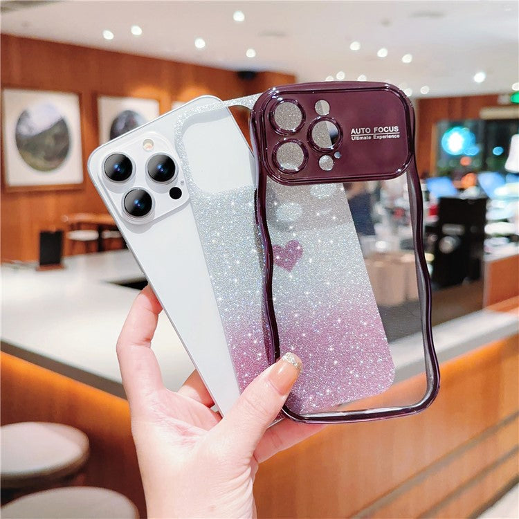 For iPhone 16 Pro Case Love Heart Gradient Glitter TPU Phone Cover Electroplating Curly Frame - Gold
