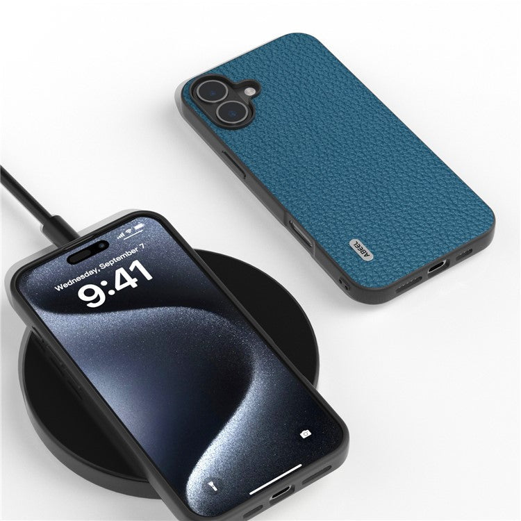 ABEEL For iPhone 16 Case TPU+Genuine Cow Leather Protective Phone Cover - Blue