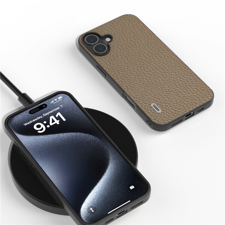ABEEL For iPhone 16 Case TPU+Genuine Cow Leather Protective Phone Cover - Brown