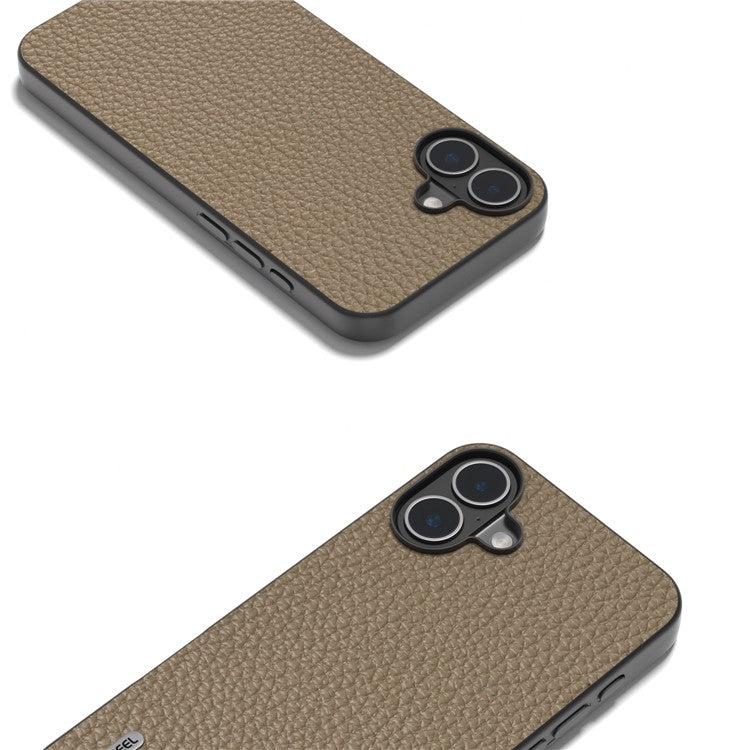 ABEEL For iPhone 16 Case TPU+Genuine Cow Leather Protective Phone Cover - Brown