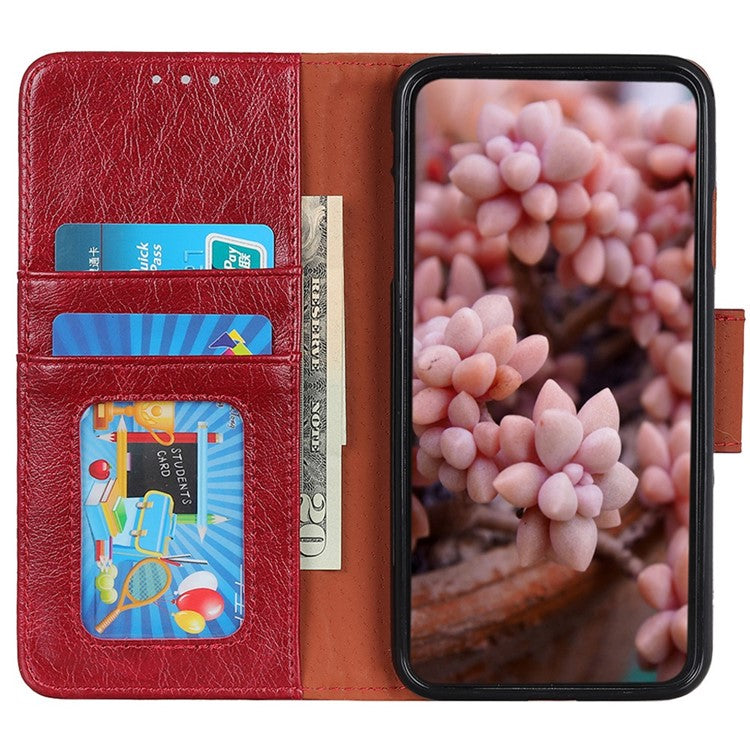 For Samsung Galaxy A04 4G (164.4 x 76.3 x 9.1 mm) Split Leather Nappa Texture Stand Case Anti-scratch Phone Wallet Cover - Red