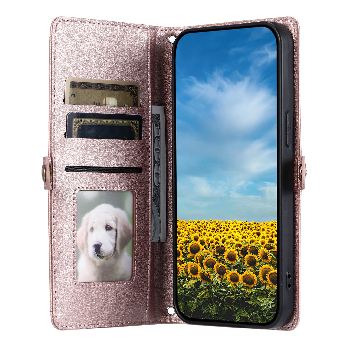 For Samsung Galaxy A06 Leather Case with Wrist Strap Wallet Stand Phone Cover - Rose Gold