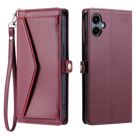 For Samsung Galaxy A06 Leather Case with Wrist Strap Wallet Stand Phone Cover - Wine Red