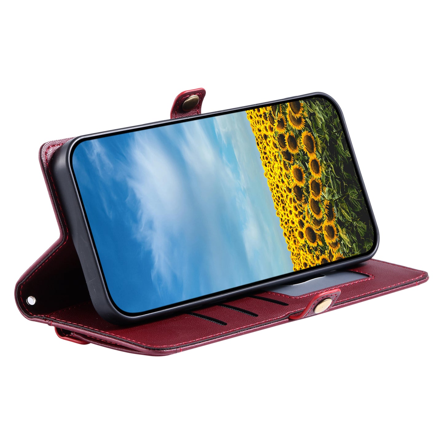 For Samsung Galaxy A06 Leather Case with Wrist Strap Wallet Stand Phone Cover - Wine Red