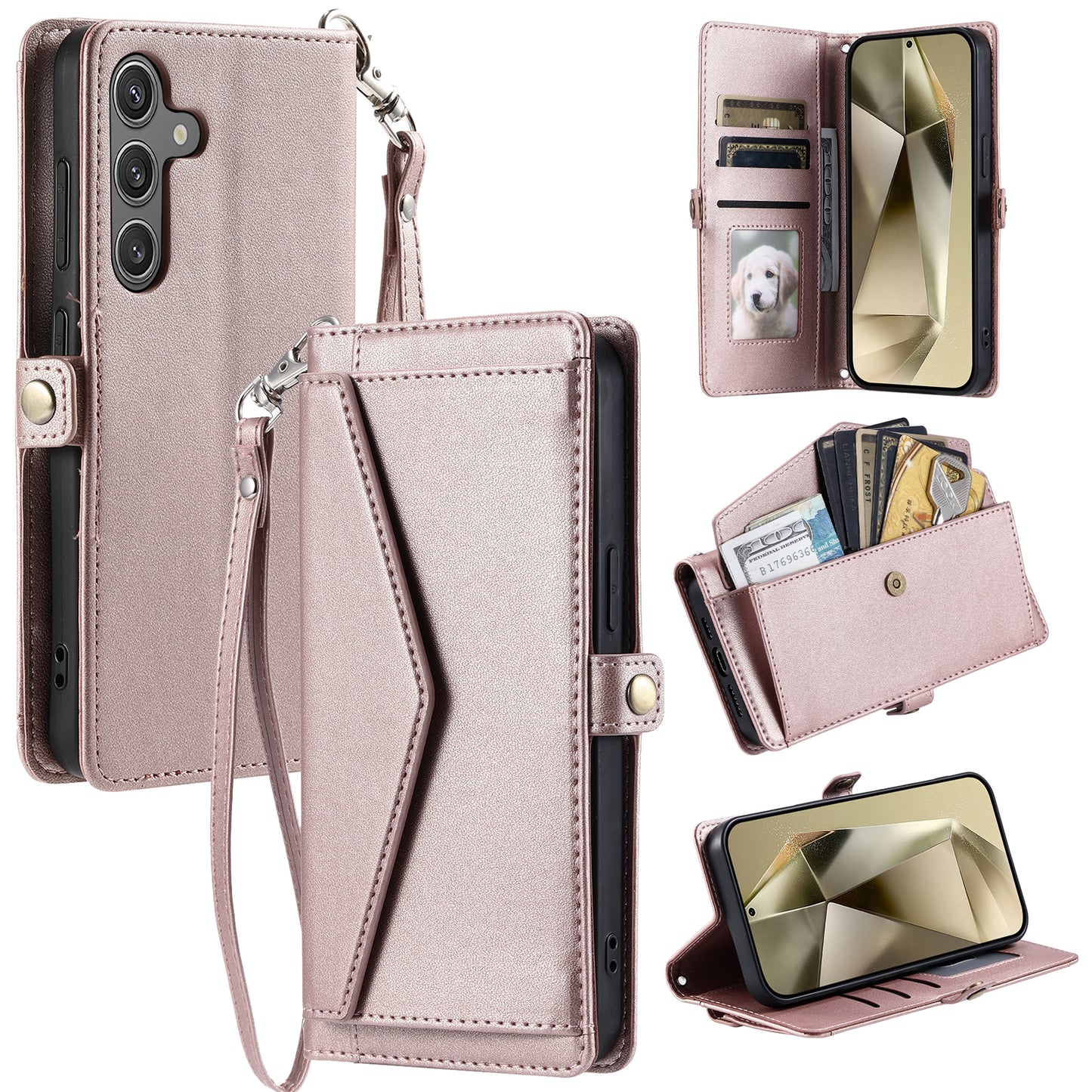 For Samsung Galaxy A16 5G / A16 4G Leather Case with Wrist Strap Wallet Stand Phone Cover - Rose Gold