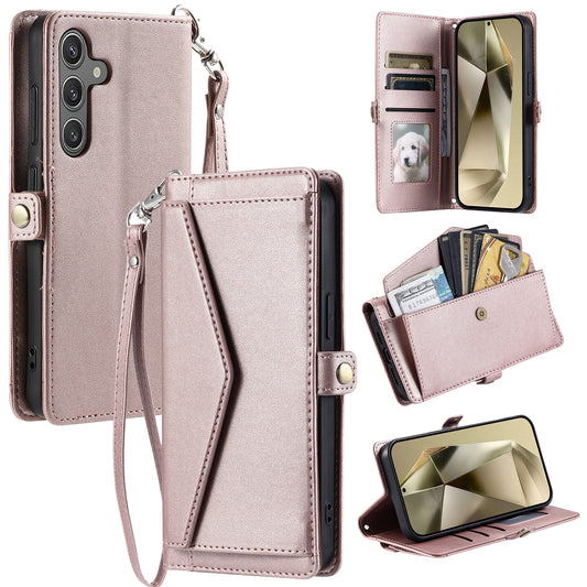 For Samsung Galaxy A16 5G / A16 4G Leather Case with Wrist Strap Wallet Stand Phone Cover - Rose Gold