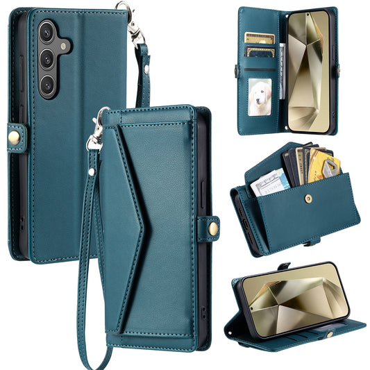 For Samsung Galaxy A16 5G / A16 4G Leather Case with Wrist Strap Wallet Stand Phone Cover - Blackish Green