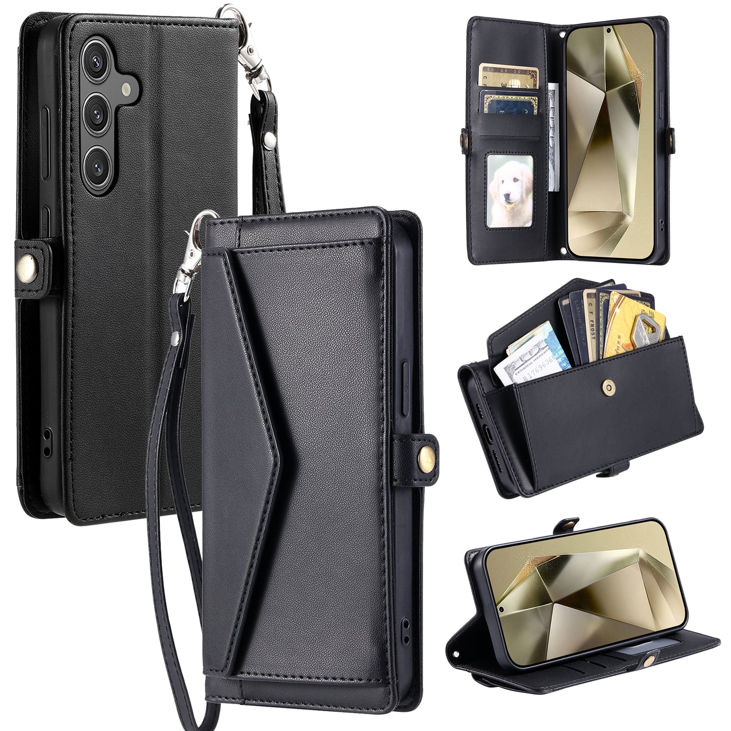For Samsung Galaxy A16 5G / A16 4G Leather Case with Wrist Strap Wallet Stand Phone Cover - Black