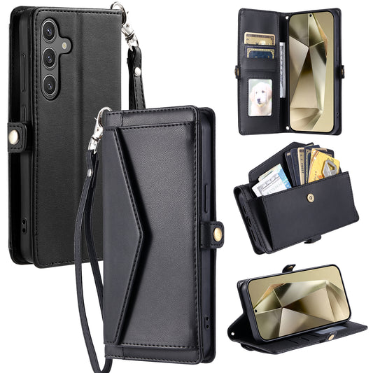 For Samsung Galaxy A16 5G / A16 4G Leather Case with Wrist Strap Wallet Stand Phone Cover - Black