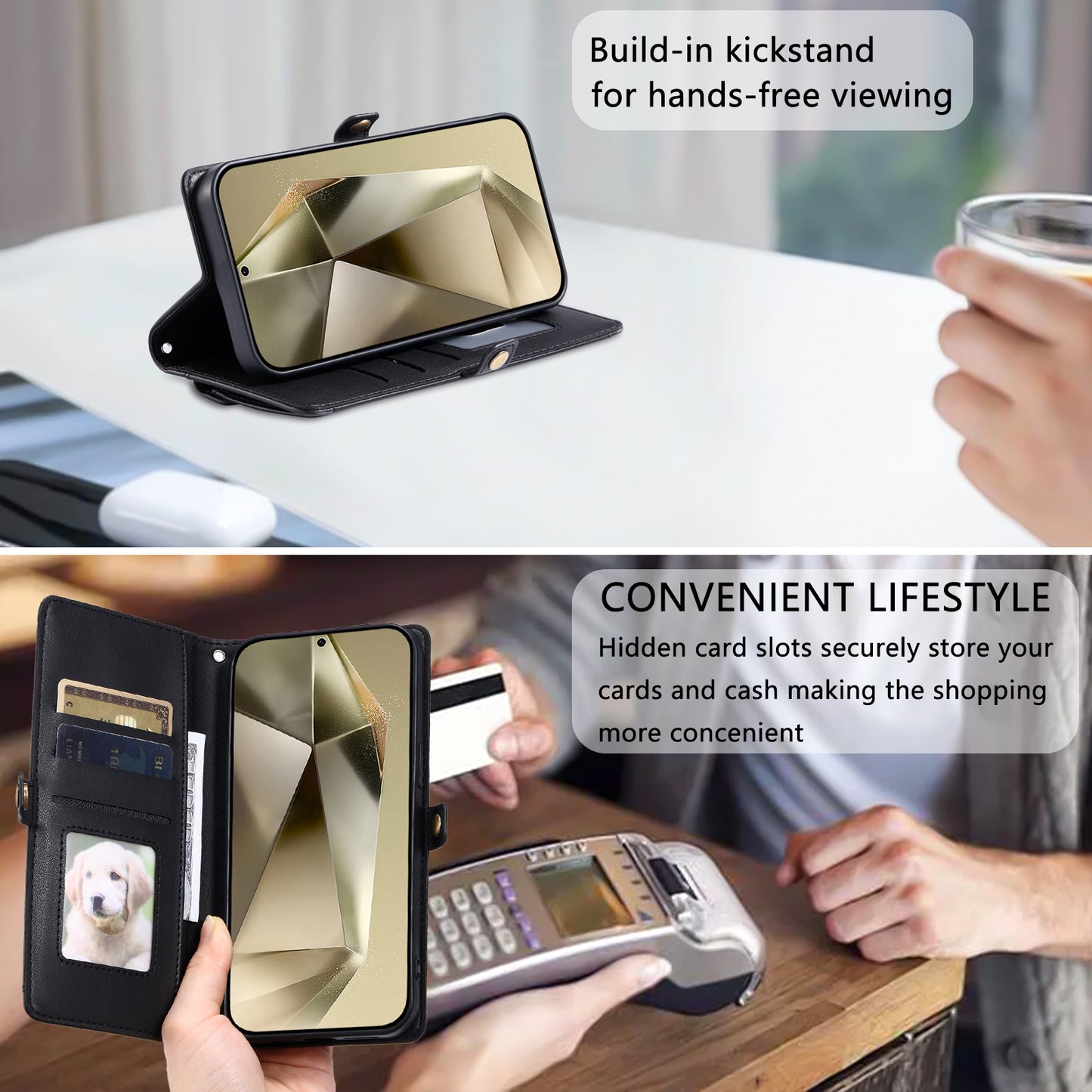 For Samsung Galaxy A16 5G / A16 4G Leather Case with Wrist Strap Wallet Stand Phone Cover - Black