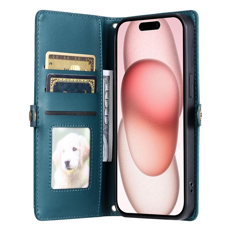 For iPhone 16 Pro Leather Case with Wrist Strap Wallet Stand Phone Cover - Blackish Green