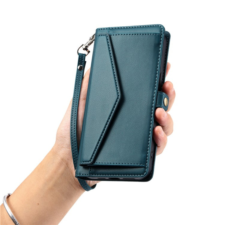 For iPhone 16 Pro Leather Case with Wrist Strap Wallet Stand Phone Cover - Blackish Green