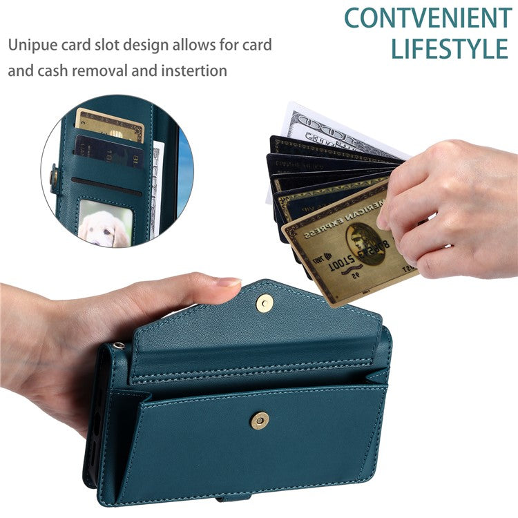 For iPhone 16 Pro Leather Case with Wrist Strap Wallet Stand Phone Cover - Blackish Green