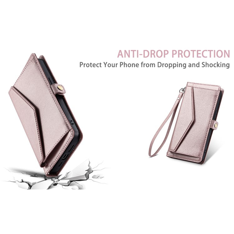 For Google Pixel 9 Pro  /  Pixel 9 Leather Case with Wrist Strap Wallet Stand Phone Cover - Rose Gold