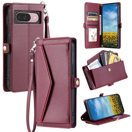 For Google Pixel 9 Pro  /  Pixel 9 Leather Case with Wrist Strap Wallet Stand Phone Cover - Wine Red