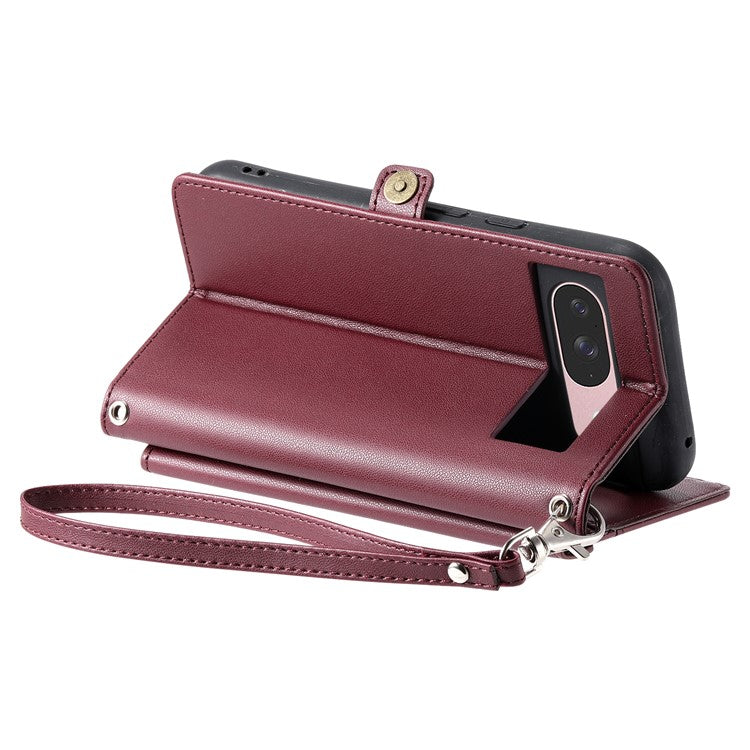 For Google Pixel 9 Pro  /  Pixel 9 Leather Case with Wrist Strap Wallet Stand Phone Cover - Wine Red