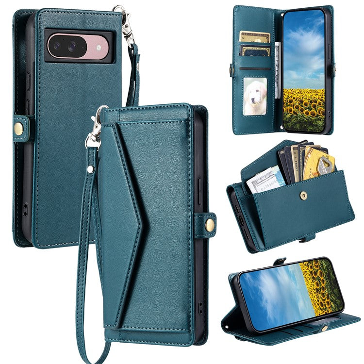 For Google Pixel 9 Pro  /  Pixel 9 Leather Case with Wrist Strap Wallet Stand Phone Cover - Blackish Green