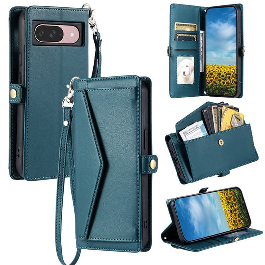 For Google Pixel 9 Pro  /  Pixel 9 Leather Case with Wrist Strap Wallet Stand Phone Cover - Blackish Green