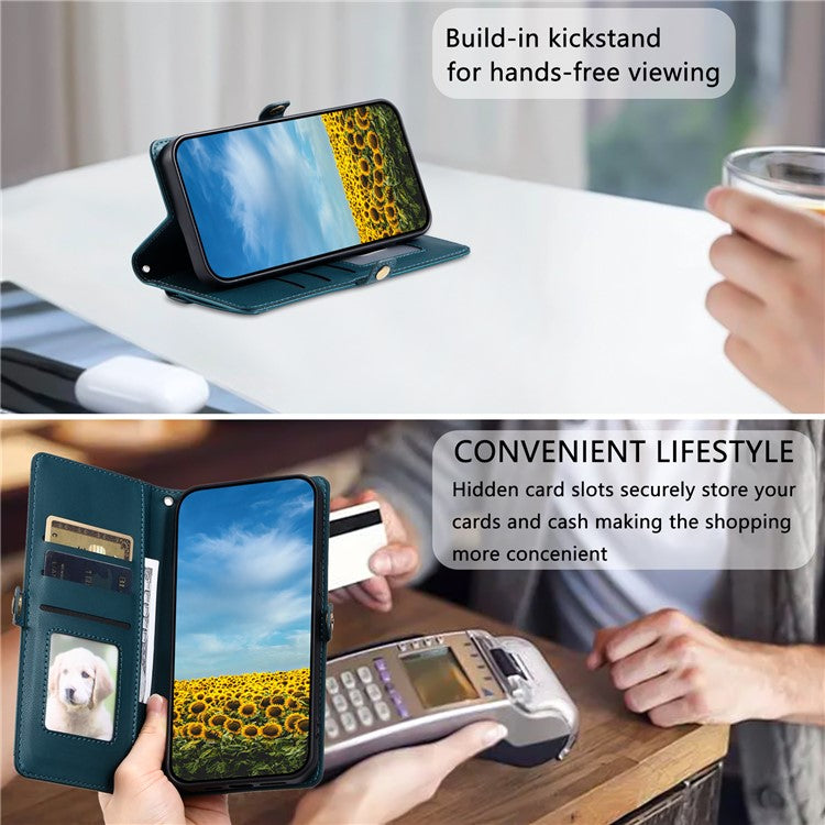 For Google Pixel 9 Pro  /  Pixel 9 Leather Case with Wrist Strap Wallet Stand Phone Cover - Blackish Green