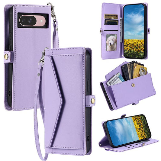 For Google Pixel 9 Pro  /  Pixel 9 Leather Case with Wrist Strap Wallet Stand Phone Cover - Purple