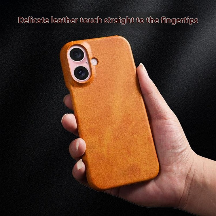 For iPhone 16 Case Calf Texture PU Leather Hard PC Protective Phone Cover - Red