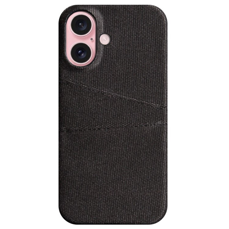 For iPhone 16 Plus Case Cloth + PC Hard Phone Cover with Dual Card Slots - Black