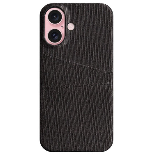 For iPhone 16 Plus Case Cloth + PC Hard Phone Cover with Dual Card Slots - Black