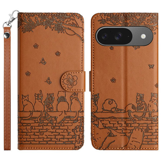 For Google Pixel 9 / 9 Pro Case with Wrist Strap Leather Phone Cover Wall Cats Pattern - Brown