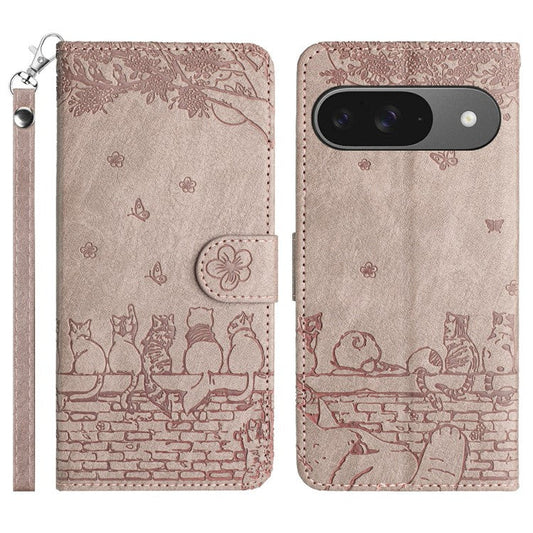 For Google Pixel 9 / 9 Pro Case with Wrist Strap Leather Phone Cover Wall Cats Pattern - Smoky Purple