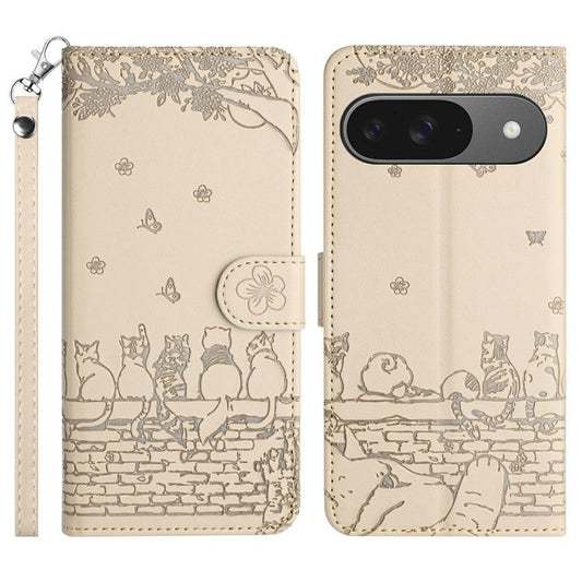 For Google Pixel 9 / 9 Pro Case with Wrist Strap Leather Phone Cover Wall Cats Pattern - Apricot
