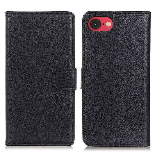 For iPhone 16e Wallet Case PU Leather Phone Cover Litchi Texture - Black