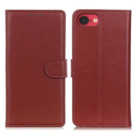 For iPhone 16e Wallet Case PU Leather Phone Cover Litchi Texture - Brown