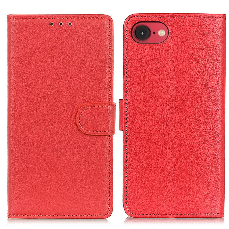 For iPhone SE (2025) Wallet Case PU Leather Phone Cover Litchi Texture - Red