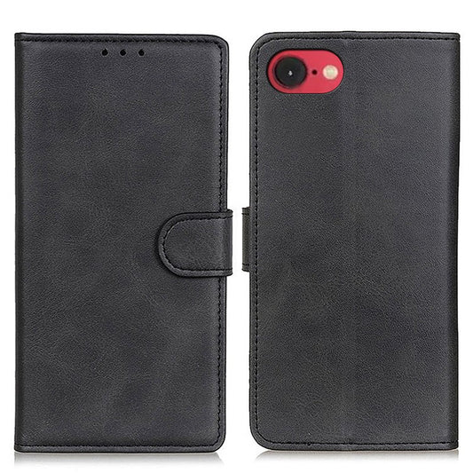 For iPhone 16e Stand Wallet Case Cowhide Texture Leather Phone Cover - Black