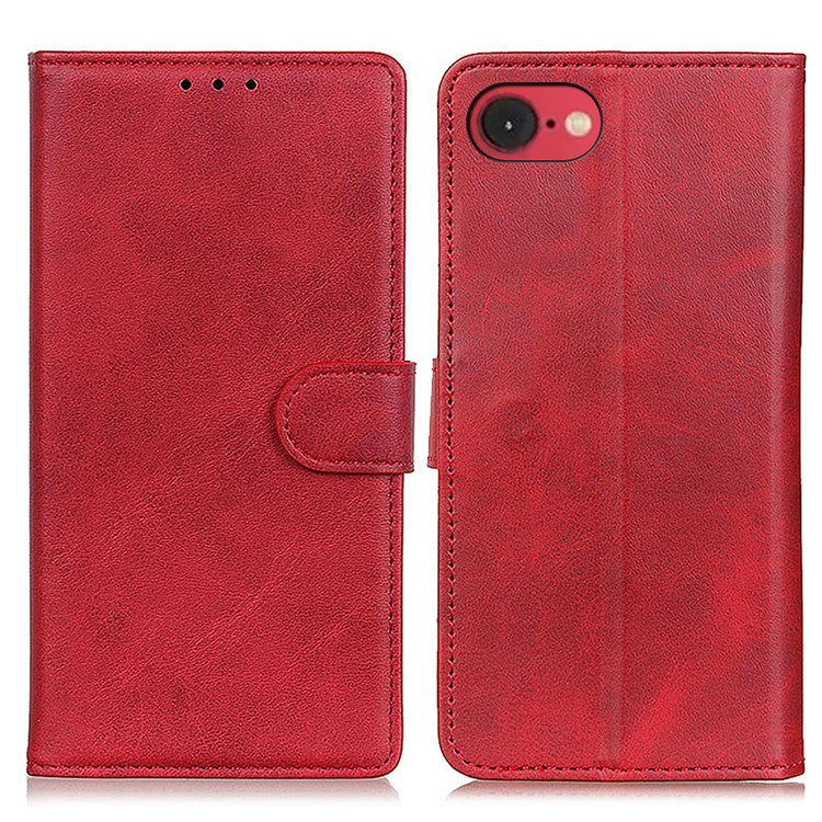 For iPhone 16e Stand Wallet Case Cowhide Texture Leather Phone Cover - Red