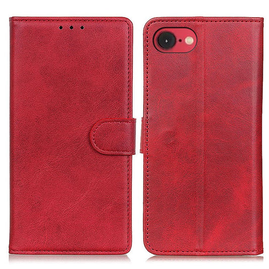 For iPhone 16e Stand Wallet Case Cowhide Texture Leather Phone Cover - Red