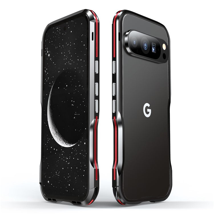 LUPHIE For Google Pixel 9 / 9 Pro Case Metal Bumper Frame Shockproof Phone Cover - Black  /  Red