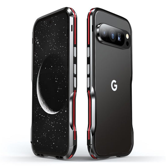 LUPHIE For Google Pixel 9 / 9 Pro Case Metal Bumper Frame Shockproof Phone Cover - Black  /  Red