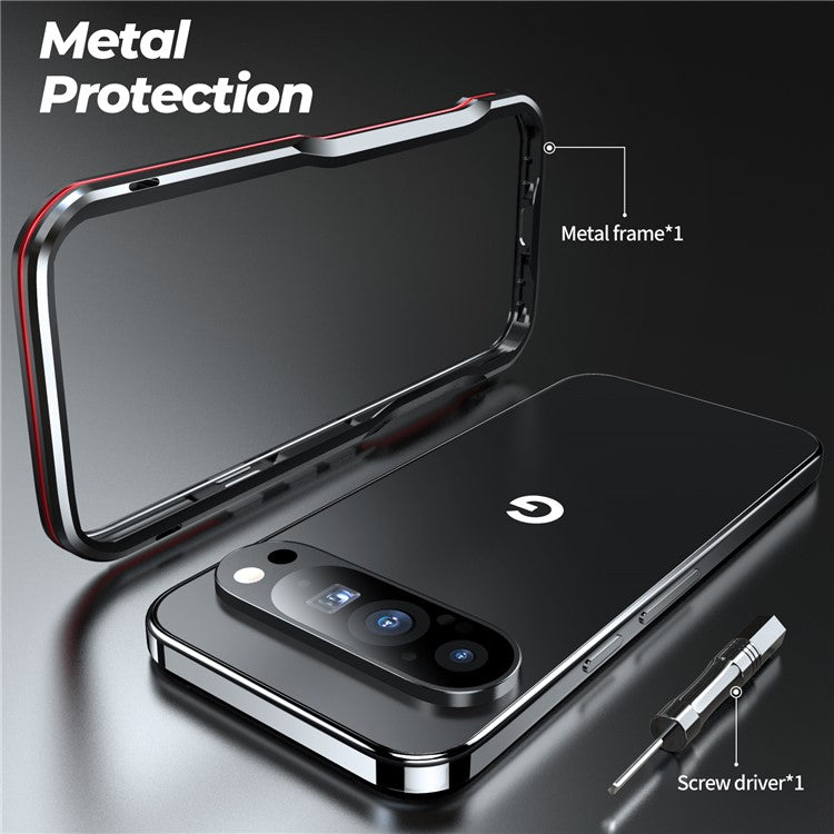 LUPHIE For Google Pixel 9 / 9 Pro Case Metal Bumper Frame Shockproof Phone Cover - Black