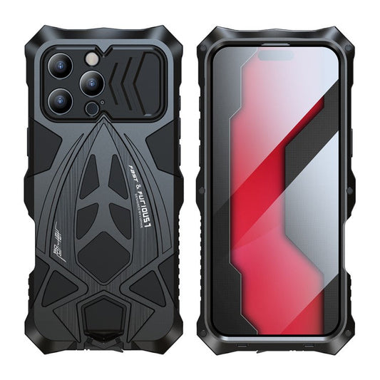 LUPHIE For iPhone 16 Pro Case Sports Car Design Shockproof Metal+TPU Phone Cover with Screen Protector - Black