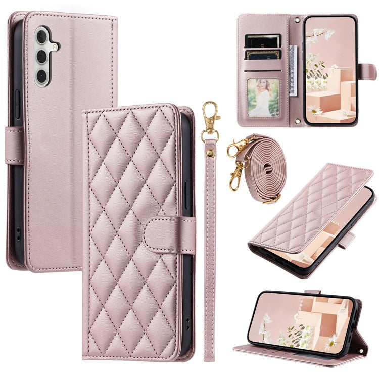 For Samsung Galaxy S24 FE Wallet Case Rhombus Grid PU Leather Phone Cover - Rose Gold