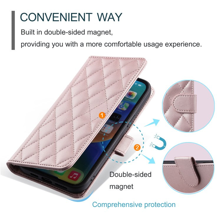 For Samsung Galaxy S24 FE Wallet Case Rhombus Grid PU Leather Phone Cover - Rose Gold