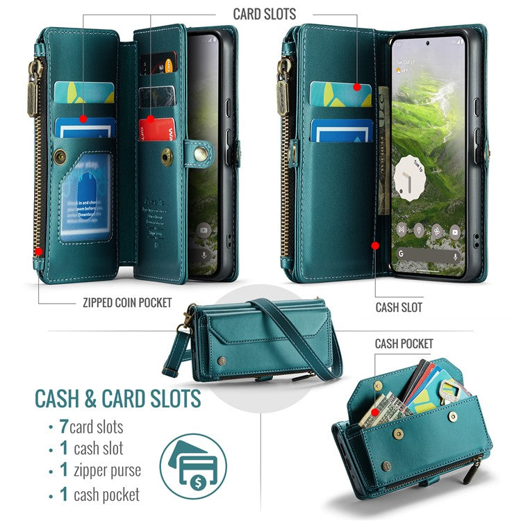 CASEME C36 Series For Google Pixel 9 / Pixel 9 Pro Case Crossbody Leather Phone Bag with 7 Card Slots - Green