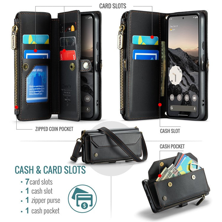 CASEME C36 Series For Google Pixel 9 / Pixel 9 Pro Case Crossbody Leather Phone Bag with 7 Card Slots - Black
