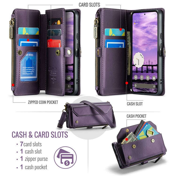CASEME C36 Series For Google Pixel 9 / Pixel 9 Pro Case Crossbody Leather Phone Bag with 7 Card Slots - Purple