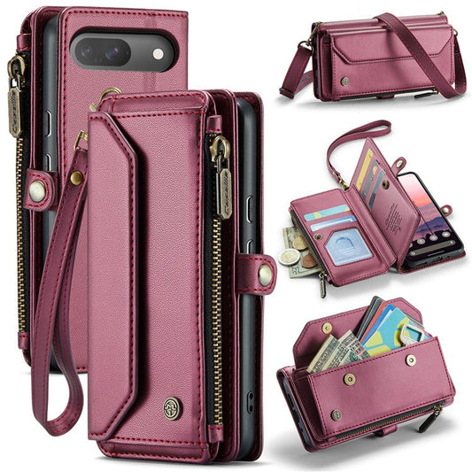 CASEME C36 Series For Google Pixel 9 / Pixel 9 Pro Case Crossbody Leather Phone Bag with 7 Card Slots - Wine Red